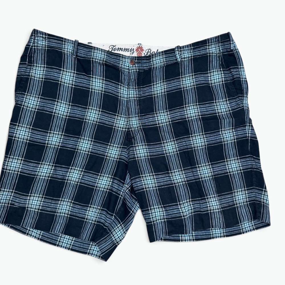 Tommy Bahama Mens 46 Black Blue Plaid Linen Silk Blend Casual Shorts Paradise